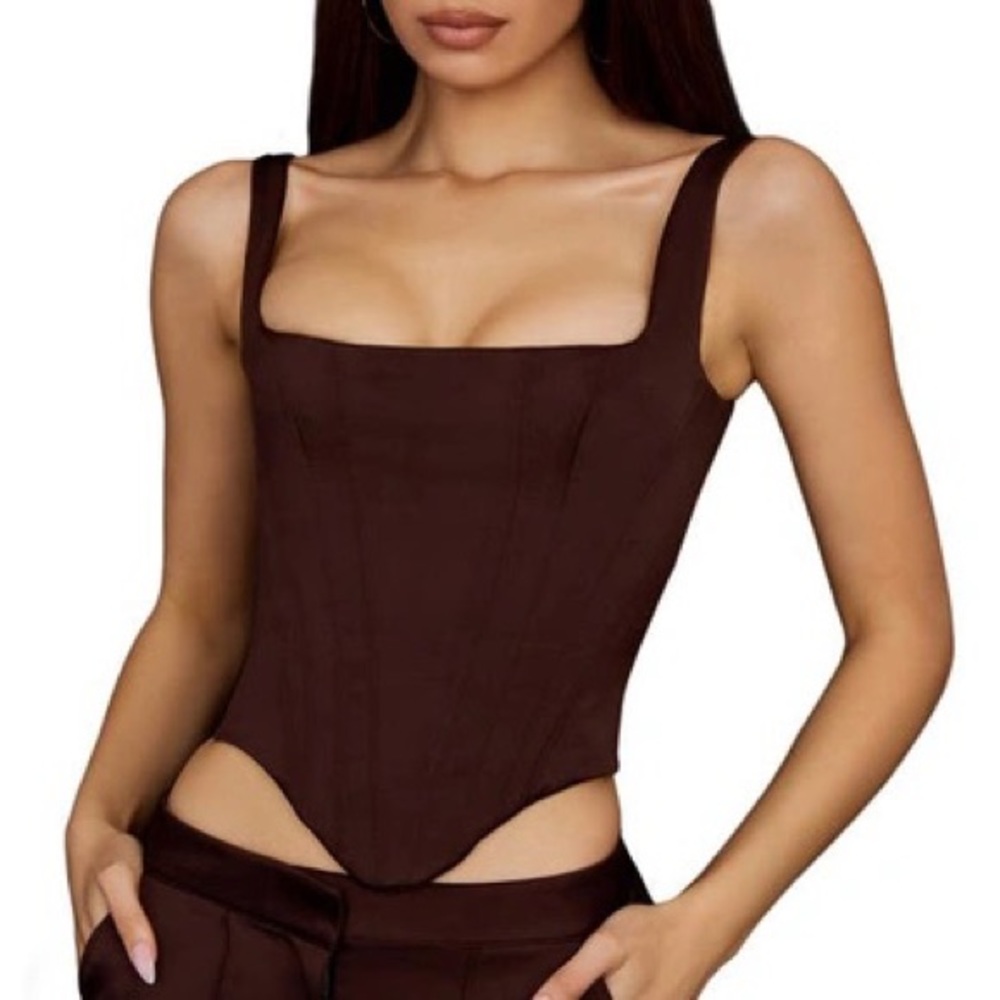HOUSE OF CB Rafa Satin Corset - Chocolate/Brown